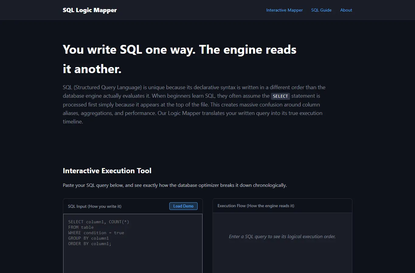 Screenshot of SQL Query Logic Mapper interface showing the project page in use